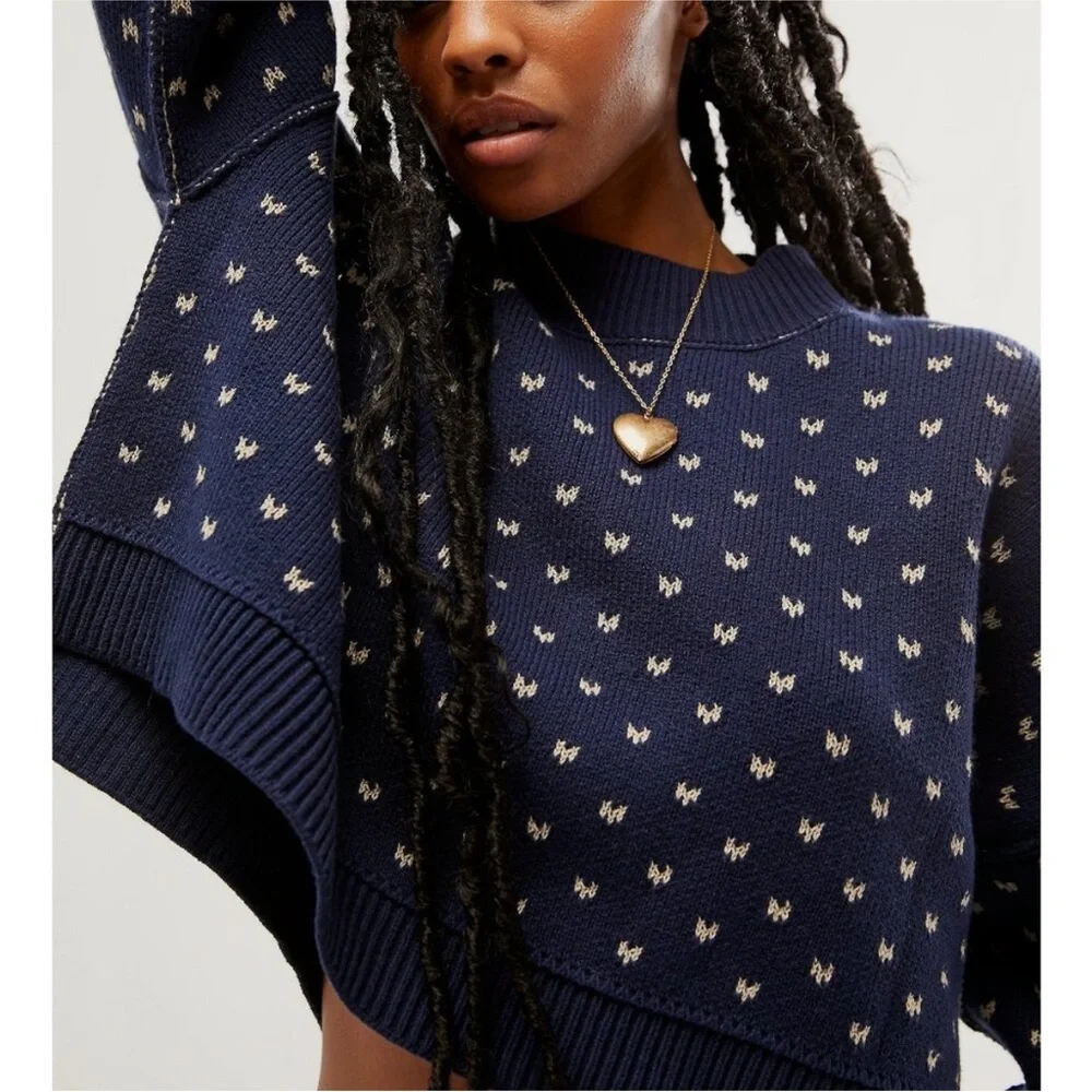 FREE PEOPLE Easy Street Patterened Crop Pullover / Navy Combo NWT